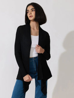 SHOWOFFFF - Edition Women's Ribbed Black Open Front Longline Shrug