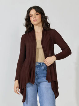 SHOWOFFFF - Edition Women's Ribbed Brown Open Front Longline Shrug