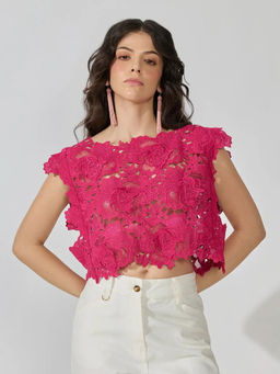 SHOWOFFFF - Women's Floral Lace Pink Boat Neck Crop Top