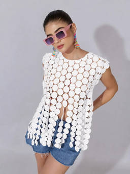 SHOWOFFFF - Women's Circular Self Design White Party Top