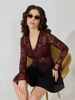 SHOWOFFFF - Women's Floral Maroon V-Neck Bell Sleeve Top