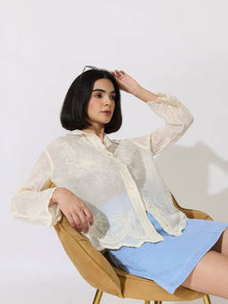 SHOWOFFFF - Women's Floral Embellished Cream Long Sleeve Shirt