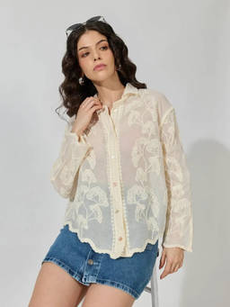 SHOWOFFFF - Women's Embellished Cream Long Sleeve Shirt