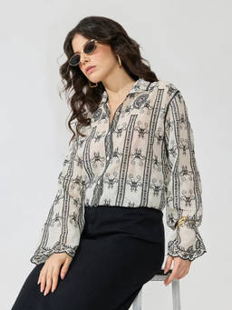 SHOWOFFFF - Women's Ivory Embroidered Long Sleeve Shirt