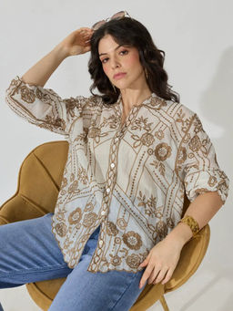 SHOWOFFFF - Women's Floral Embroidered Beige Sheer Scalloped Hem Shirt