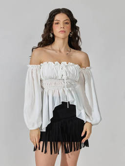 SHOWOFFFF - Women's White Off-Shoulder Smocked Puff Sleeves Top