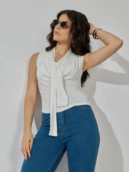 SHOWOFFFF - Women's White Sleeveless Tie Neck Ruched Top