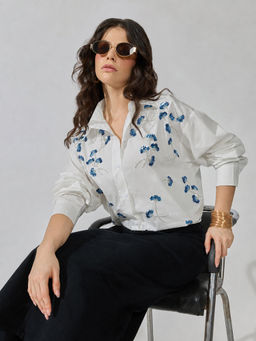 SHOWOFFFF - Women's White Oversized Long Sleeve Sequin Detail Shirt