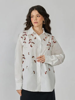 SHOWOFFFF - Women's White Floral Oversized Long Sleeve Sequin Detail Shirt