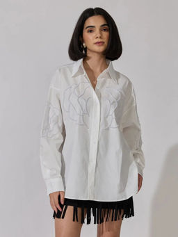 SHOWOFFFF - Women's White Pearl Embellished Oversized Long Sleeve Shirt