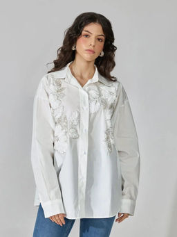 SHOWOFFFF - Women's White Floral Embellished Oversized Sequin Detail Shirt