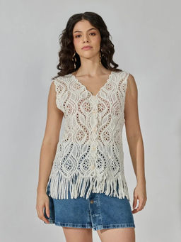 SHOWOFFFF - Women's Cream Crochet Sleeveless Fringe Hem Button-Front Top