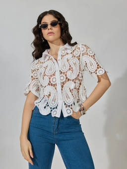 SHOWOFFFF - Women's Self Design Crochet White Short Sleeve Shirt
