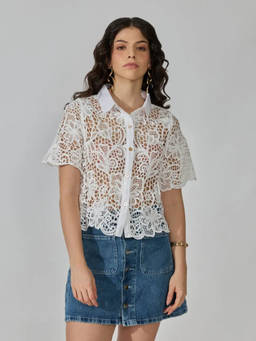 SHOWOFFFF - Women's Floral Crochet White Collared Short Sleeve Shirt