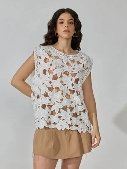 SHOWOFFFF - Women's White Floral Crochet Cut Out Top