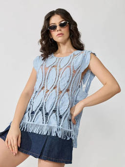 SHOWOFFFF - Women's Blue Crochet Fringe Hem Cut-Out Top