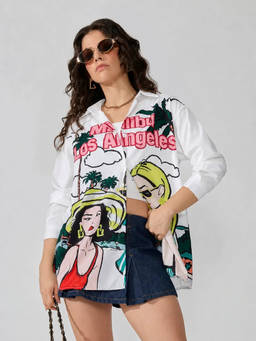 SHOWOFFFF - Women's Graphic White Relaxed Fit Collared Shirt