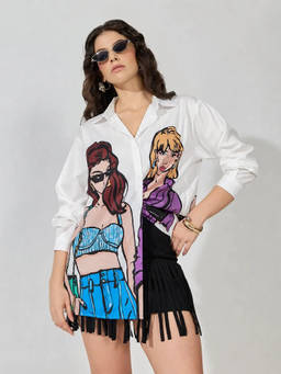 SHOWOFFFF - Women's Graphic White Relaxed Fit Collared Shirt