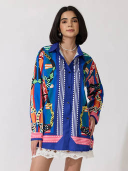SHOWOFFFF - Women's Printed Blue Relaxed Fit Long Sleeve Shirt
