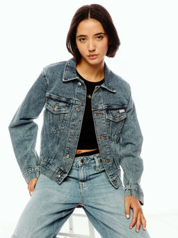 Calvin Klein - Blue Slim Fit Cotton Spread Collar Denim Jacket