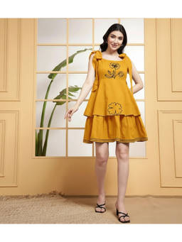 Deebaco - Cotton Yellow Embroidered Tiered Layered Women's Dress