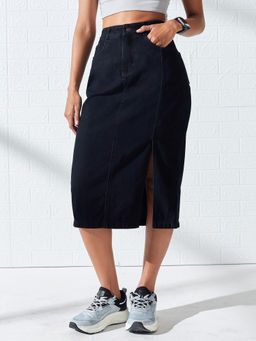 DOLCE CRUDO - Women's Black Straight High Rise Clean-Look Denim Midi Skirt
