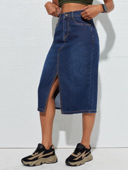 DOLCE CRUDO - Women's Dark Blue A-Line High Rise Clean-Look Denim Midi Skirt