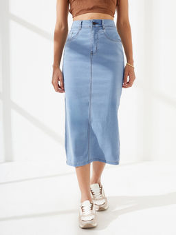 DOLCE CRUDO - Women's Light Blue Straight High Rise Midi Denim Denim Skirt