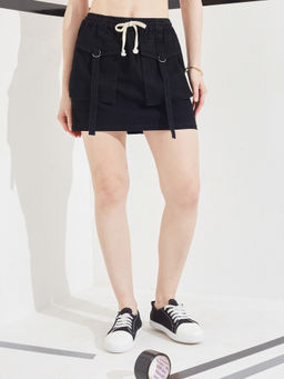 DOLCE CRUDO - Womens Black Flared High Rise Clean Look Mini Stretchable Denim Skirt