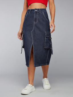 DOLCE CRUDO - Women's Navy Blue Straight High Rise Clean Look Midi Denim Skirt