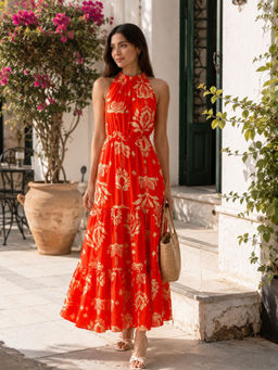 STREET 9 - Orange Viscose Rayon Printed Dress