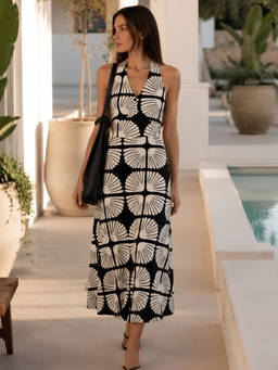STREET 9 - Black Printed Midi Dress