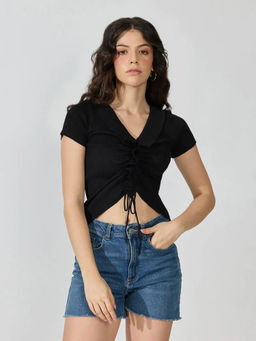 SHOWOFFFF - Women's Black Ruched V-Neck Crop Top