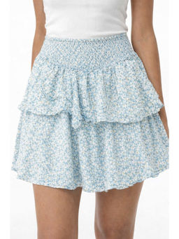 NOBARR - Women's Blue Printed Smocked Waist Tiered Mini Skirt