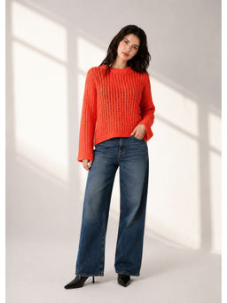 NOBARR - Orange Women's Pure Cotton Open Knit Loose Fit Casual Sweater