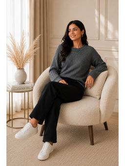 NOBARR - Women's Dark Grey Pure Acrylic Crew Neck Sweater