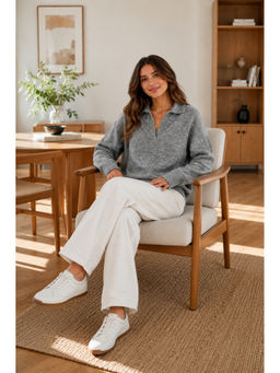 NOBARR - Women's Grey Pure Acrylic Collared V-Neck Sweater