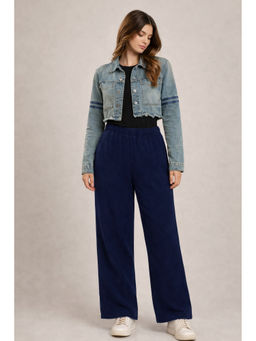 NOBARR - Women's Navy Blue Wide Leg Cotton Elastic Waist Side Pockets Relaxed Fit Pant