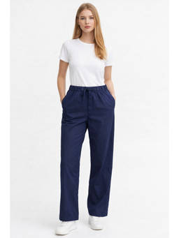 NOBARR - Women's Dark Blue Pure Cotton Straight Fit Drawstring Side Pockets Casual Pant