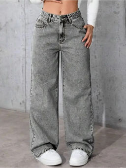 VBEAUTI - Women Grey Solid Wide leg Stretchable High Rise Jeans