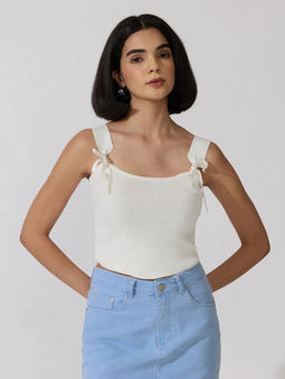 SHOWOFFFF - Women's Off White Fitted Tie-Up Neck Crop Top