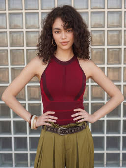 ZUMMER - Red Seamless Cotton Knitted Halter Neck Tank Top