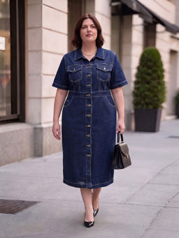 Style Quotient - Women Plus Size Dark Blue Denim Shirt Dress