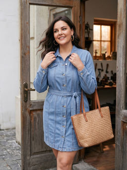 Style Quotient - Women Plus Size Light Blue Denim Shirt Dress