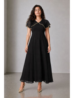 Virgio - Women Black Solid Viscose V Neck Laced Cape Dress