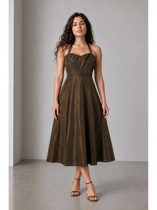 Buy Virgio Women Brown Self Design Viscose Halter Neck Sweetheart Midi Dress (XS) Online