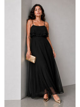 Virgio - Women Black Solid Viscose Strappy Ruffle Flared Gown