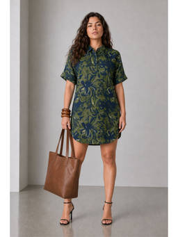 Virgio - Women Multi-Color Tropical Cotton Curved Hem Relaxed Fit Dress
