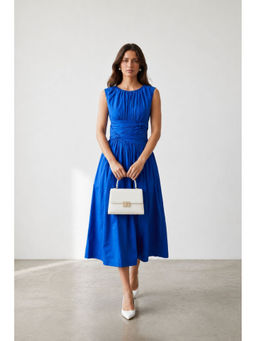 Virgio - Women Blue Solid Cotton Draped Waist Midi Dress