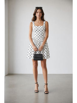 Virgio - Women White Polka Dots Viscose Polka Lace Detail Mini Dress